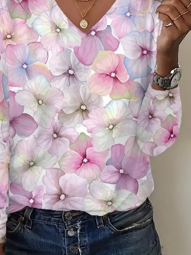 Women Floral Long Sleeve Tee T-shirt V Neck Printing Casual Spring/Fall Graphic Tee Top