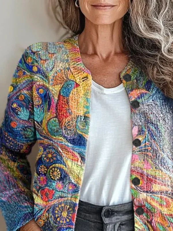 Women Abstract Vintage Spring/Fall Printing Cardigan