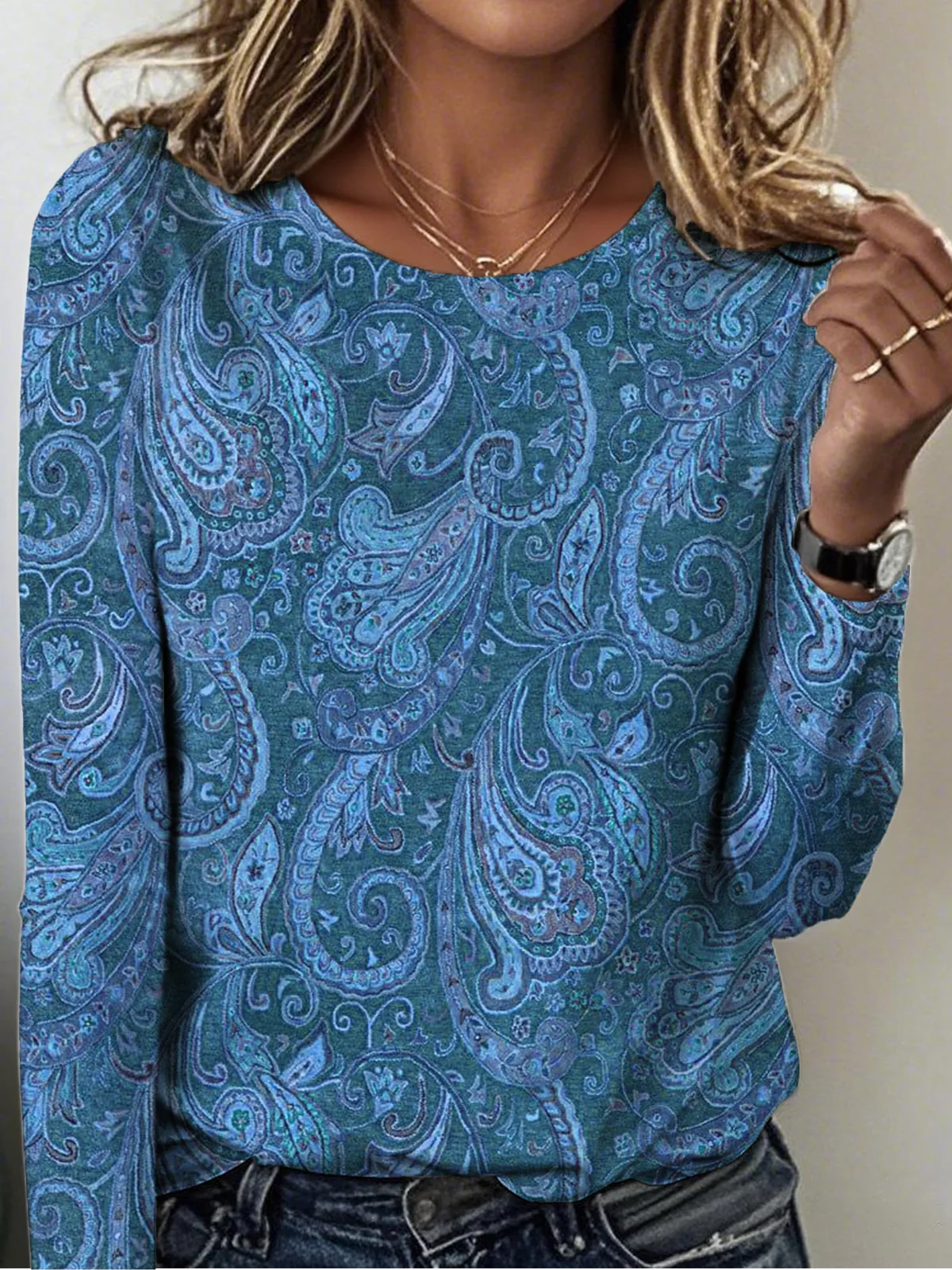 Women Paisley Long Sleeve Tee T-shirt Crew Neck Vintage Spring/Fall Top