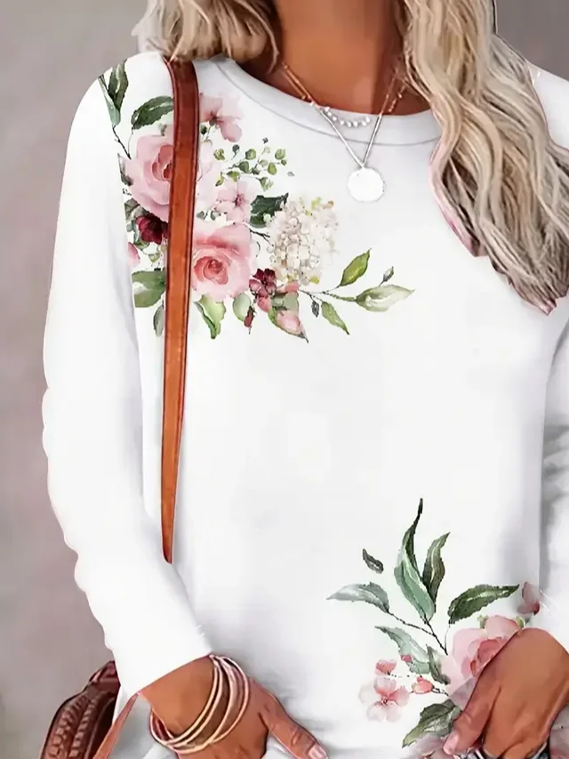 Women Floral Long Sleeve Tee T-shirt Crew Neck Printing Casual Spring/Fall Graphic Tee Top