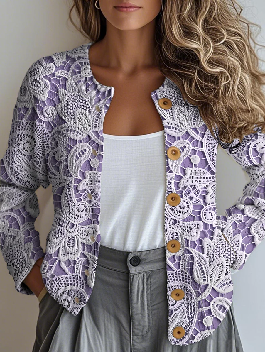 Women Floral Buttons Long Sleeve Crew Neck Vintage Spring/Fall Cardigan Outerwear