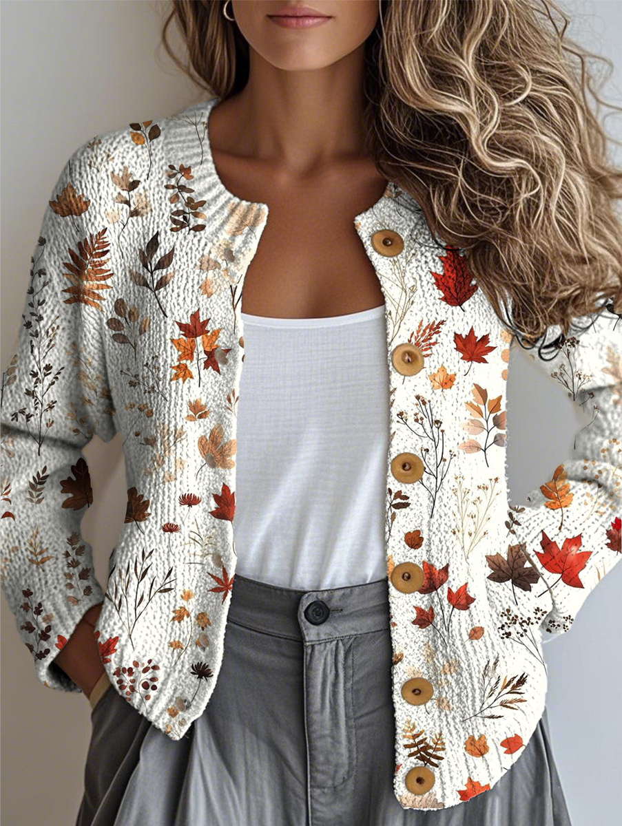 Women Maple Leaf Buttons Long Sleeve Crew Neck Vintage Spring/Fall Cardigan Outerwear