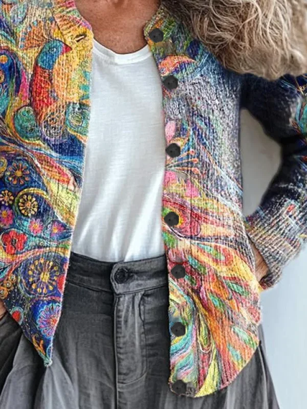 Women Abstract Vintage Spring/Fall Printing Cardigan