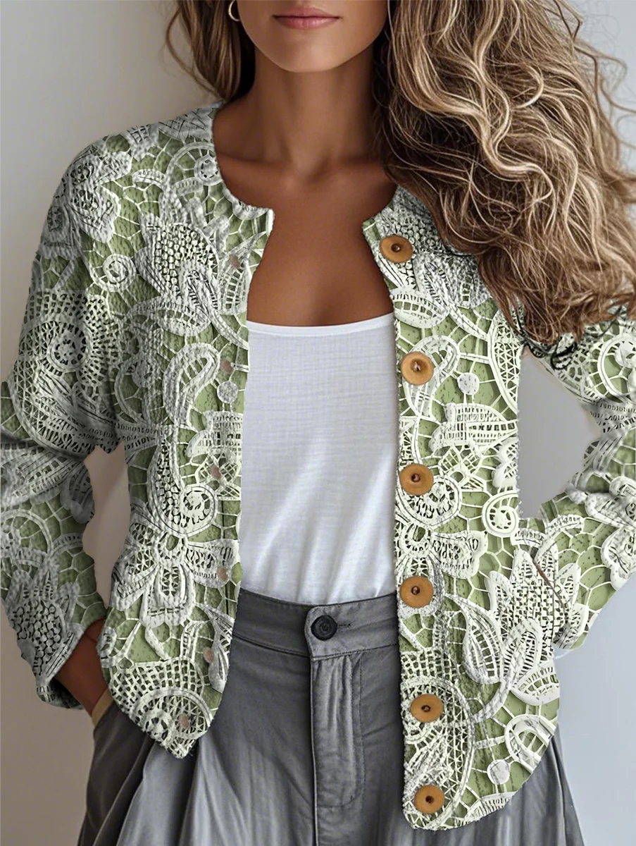 Women Floral Buttons Long Sleeve Crew Neck Vintage Spring/Fall Cardigan Outerwear