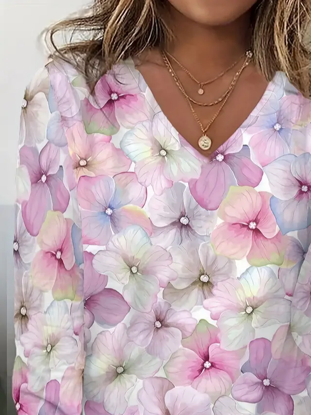 Women Floral Long Sleeve Tee T-shirt V Neck Printing Casual Spring/Fall Graphic Tee Top