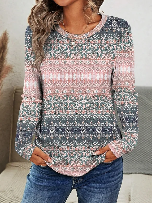 Women Ethnic Long Sleeve Tee T-shirt Crew Neck Printing Casual Spring/Fall Graphic Tee Top