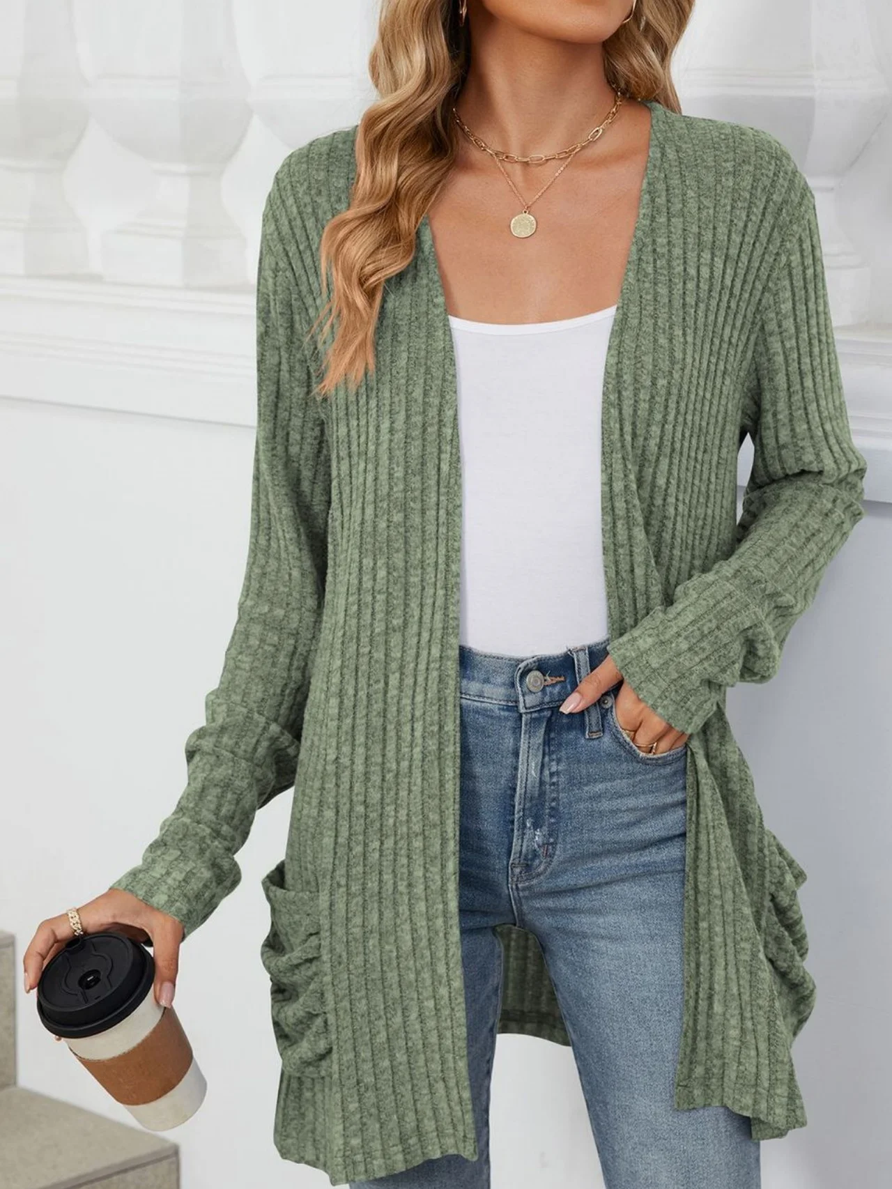 Women Plain Spring/Fall Cover-up Vintage Gathered Lightweight Cardigan