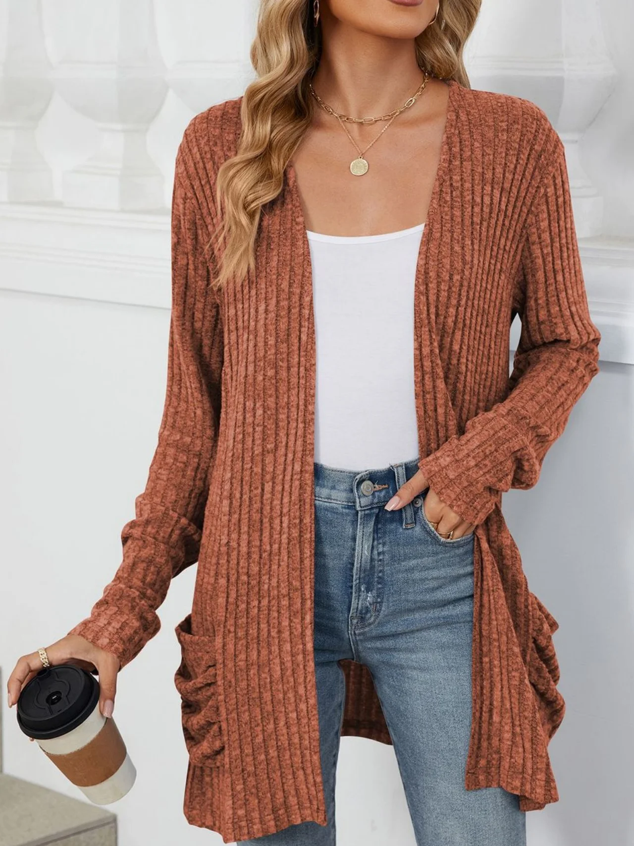 Women Plain Spring/Fall Cover-up Vintage Gathered Lightweight Cardigan
