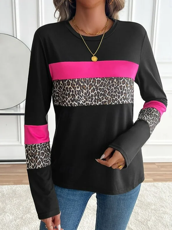 Women Leopard Long Sleeve Tee T-shirt Crew Neck Printing Casual Spring/Fall Graphic Tee Top