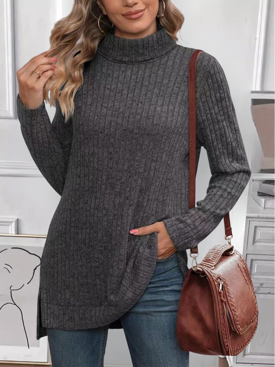 Women Plain Long Sleeve Tee T-shirt Turtleneck Split Joint Vintage Spring/Fall Top