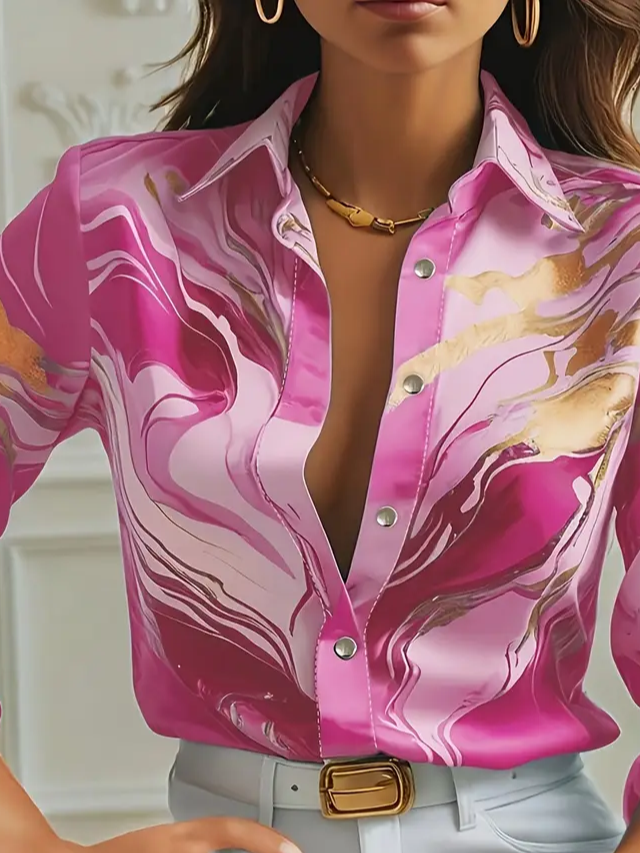 Women Abstract Long Sleeve Shirt Spring/Fall Buckle Shirt Collar Regular Sleeve Daily Casual Top