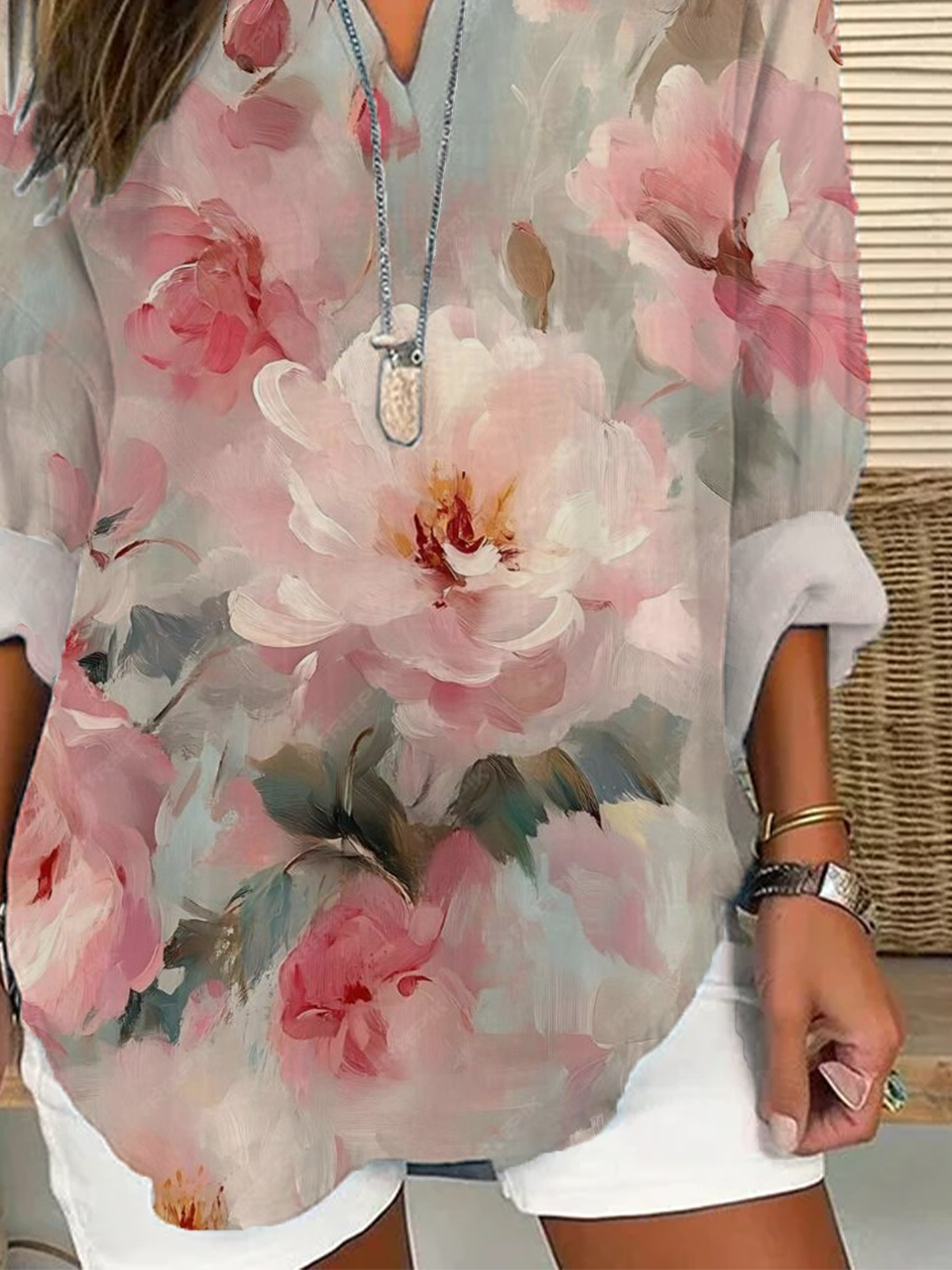Women Floral Long Sleeve Blouse Spring/Fall Printing V Neck Daily Casual Top