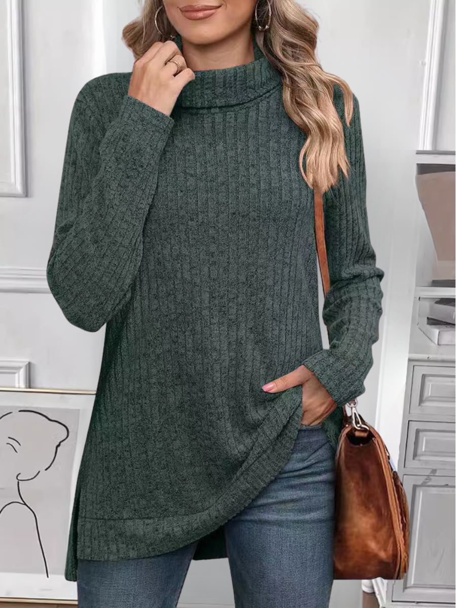 Women Plain Long Sleeve Tee T-shirt Turtleneck Split Joint Vintage Spring/Fall Top
