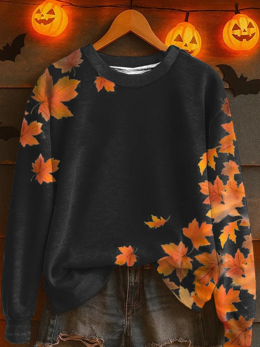 Women Maple Leaf Crew Neck Printing Casual Spring/Fall Long Sleeve Sweatshirt