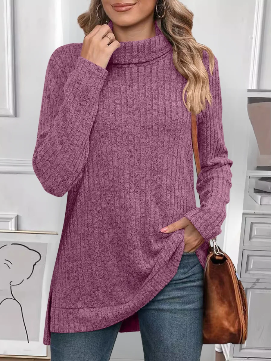 Women Plain Long Sleeve Tee T-shirt Turtleneck Split Joint Vintage Spring/Fall Top