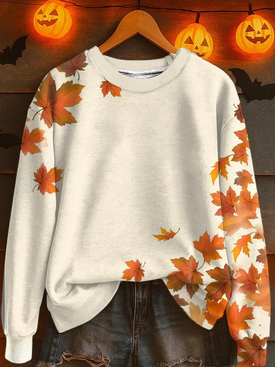 Women Maple Leaf Crew Neck Printing Casual Spring/Fall Long Sleeve Sweatshirt