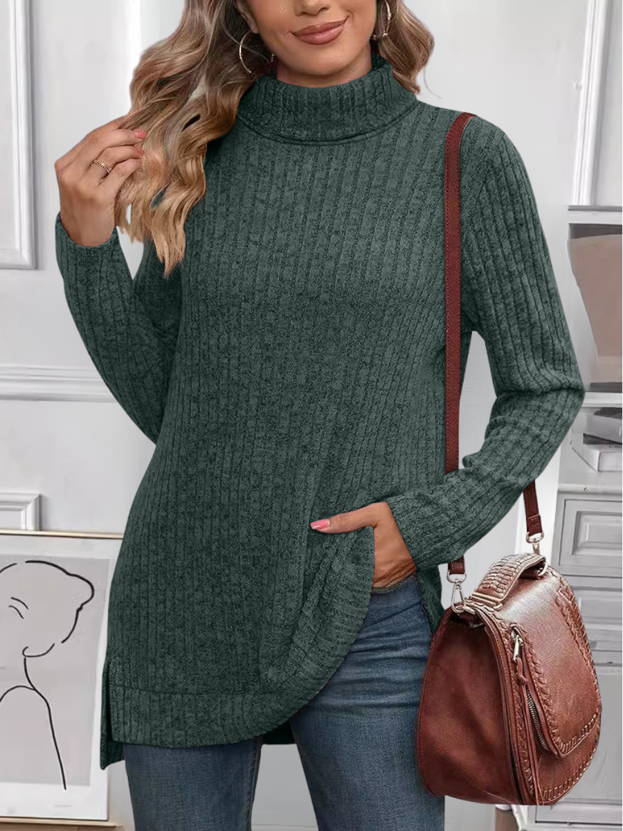Women Plain Long Sleeve Tee T-shirt Turtleneck Split Joint Vintage Spring/Fall Top