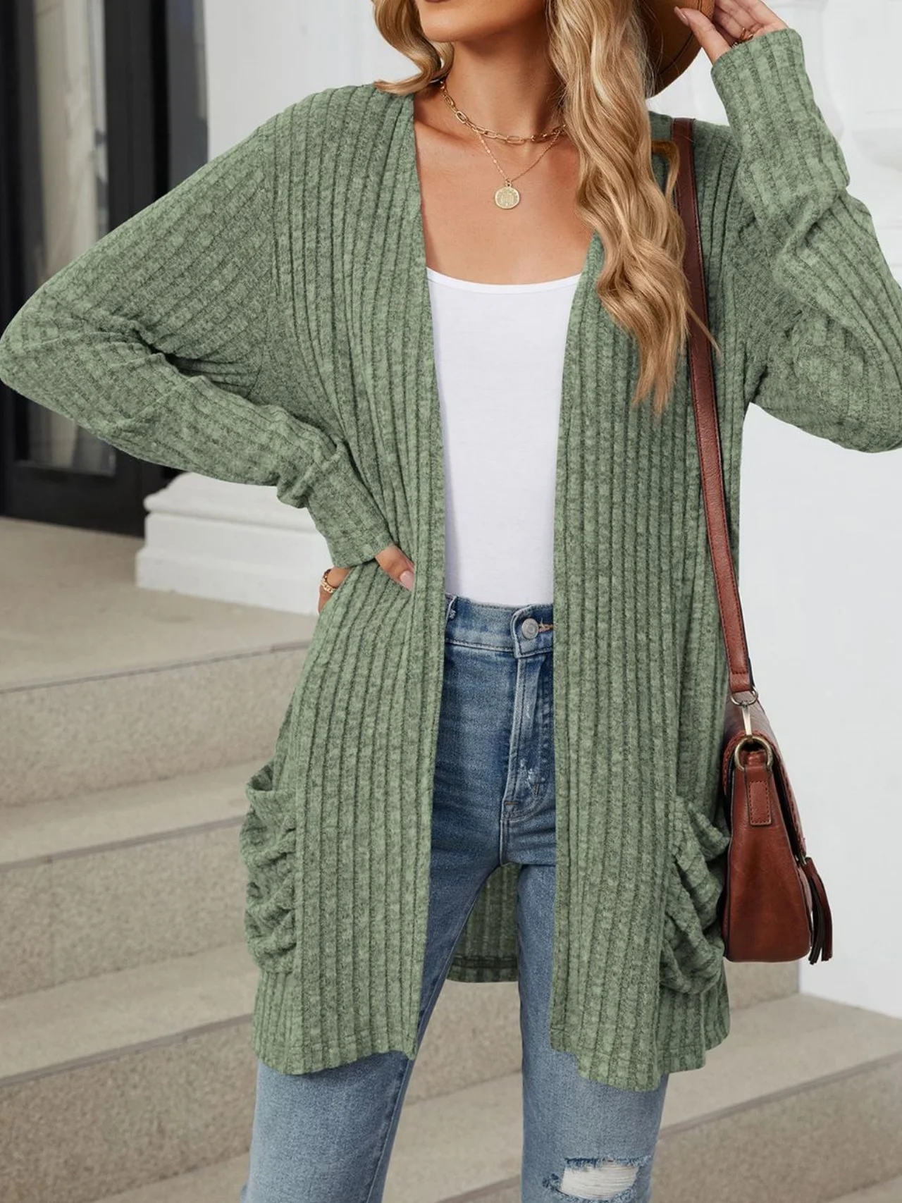 Women Plain Spring/Fall Cover-up Vintage Gathered Lightweight Cardigan