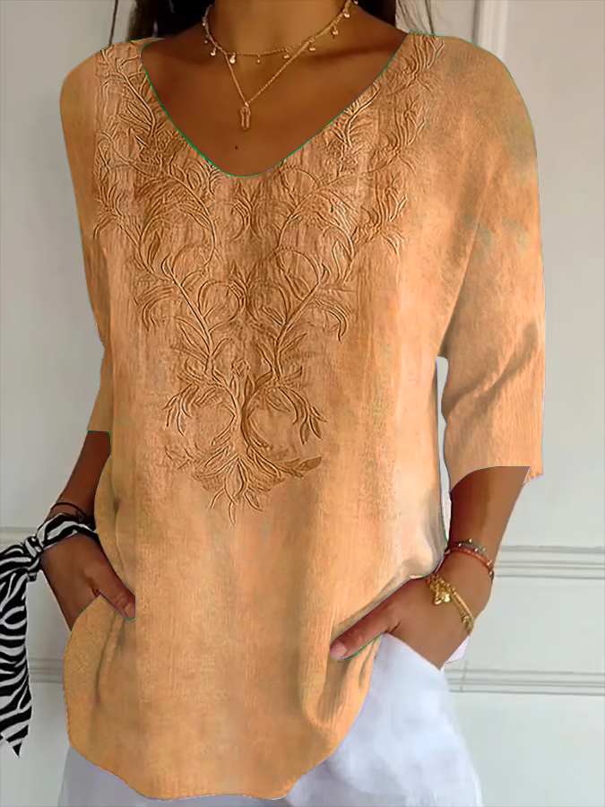 Women Floral Three Quarter Sleeve Tee T-shirt V Neck Printing Casual Spring/Fall Graphic Tee Top