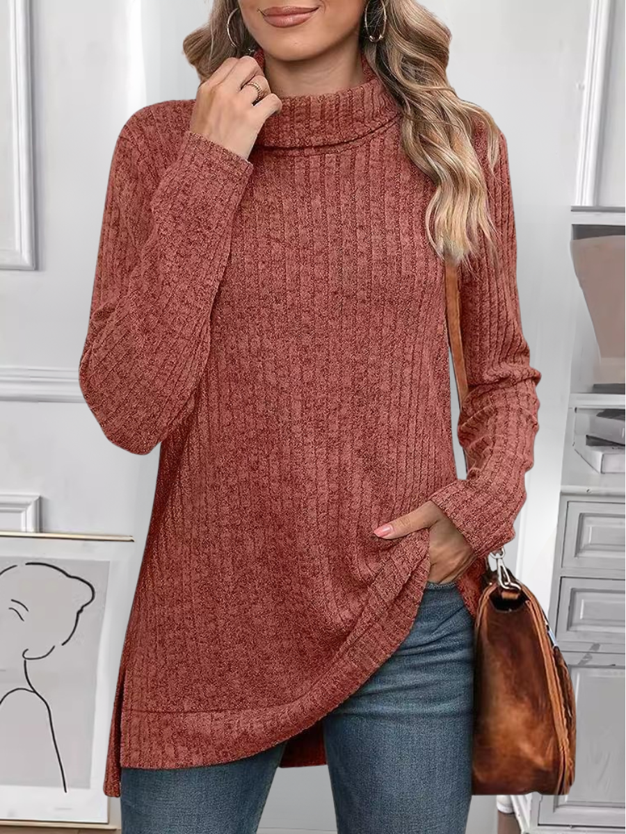 Women Plain Long Sleeve Tee T-shirt Turtleneck Split Joint Vintage Spring/Fall Top