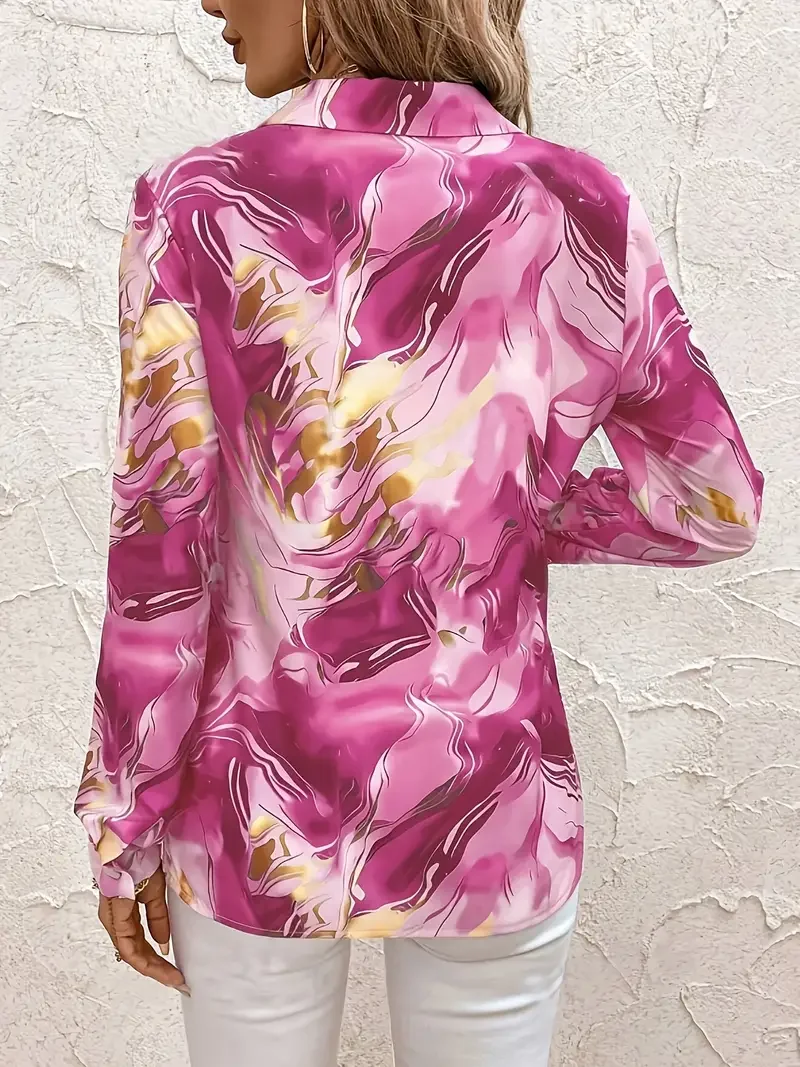 Women Abstract Long Sleeve Shirt Spring/Fall Buckle Shirt Collar Regular Sleeve Daily Casual Top