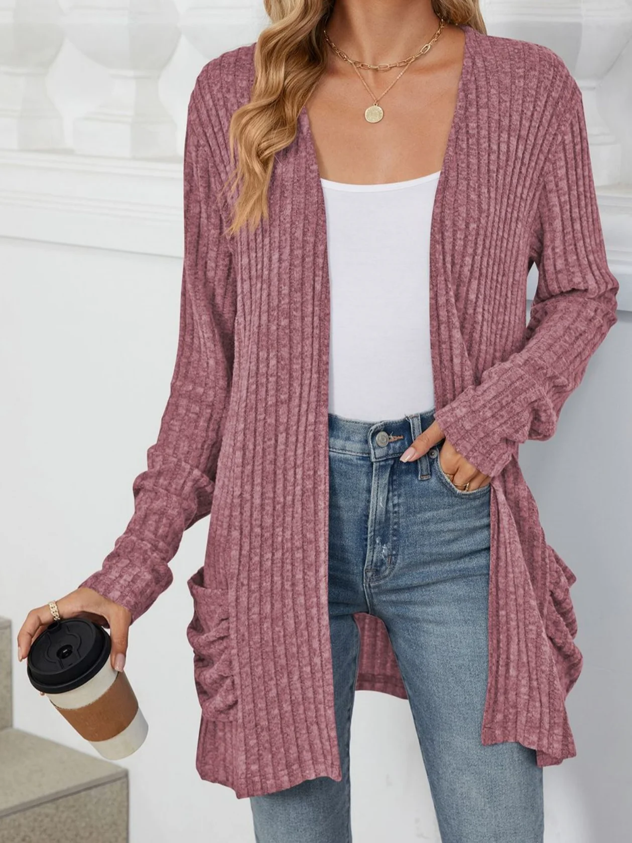 Women Plain Spring/Fall Cover-up Vintage Gathered Lightweight Cardigan