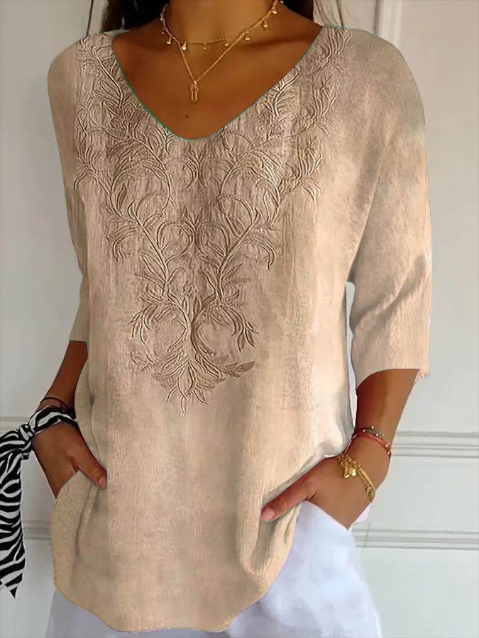 Women Floral Three Quarter Sleeve Tee T-shirt V Neck Printing Casual Spring/Fall Graphic Tee Top