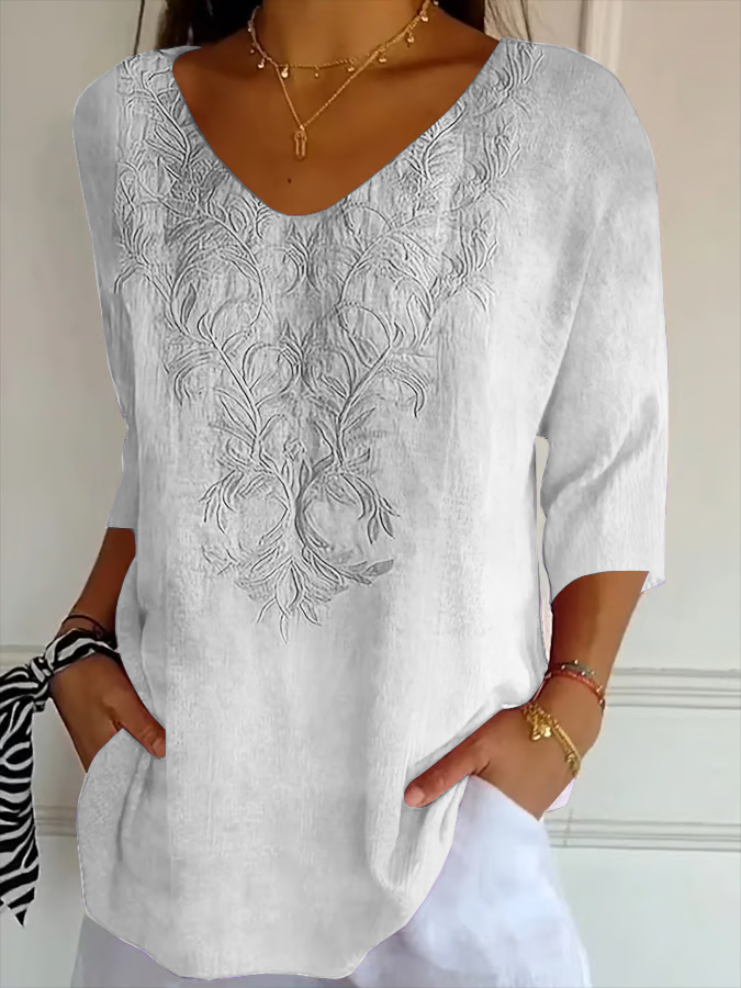 Women Floral Three Quarter Sleeve Tee T-shirt V Neck Printing Casual Spring/Fall Graphic Tee Top
