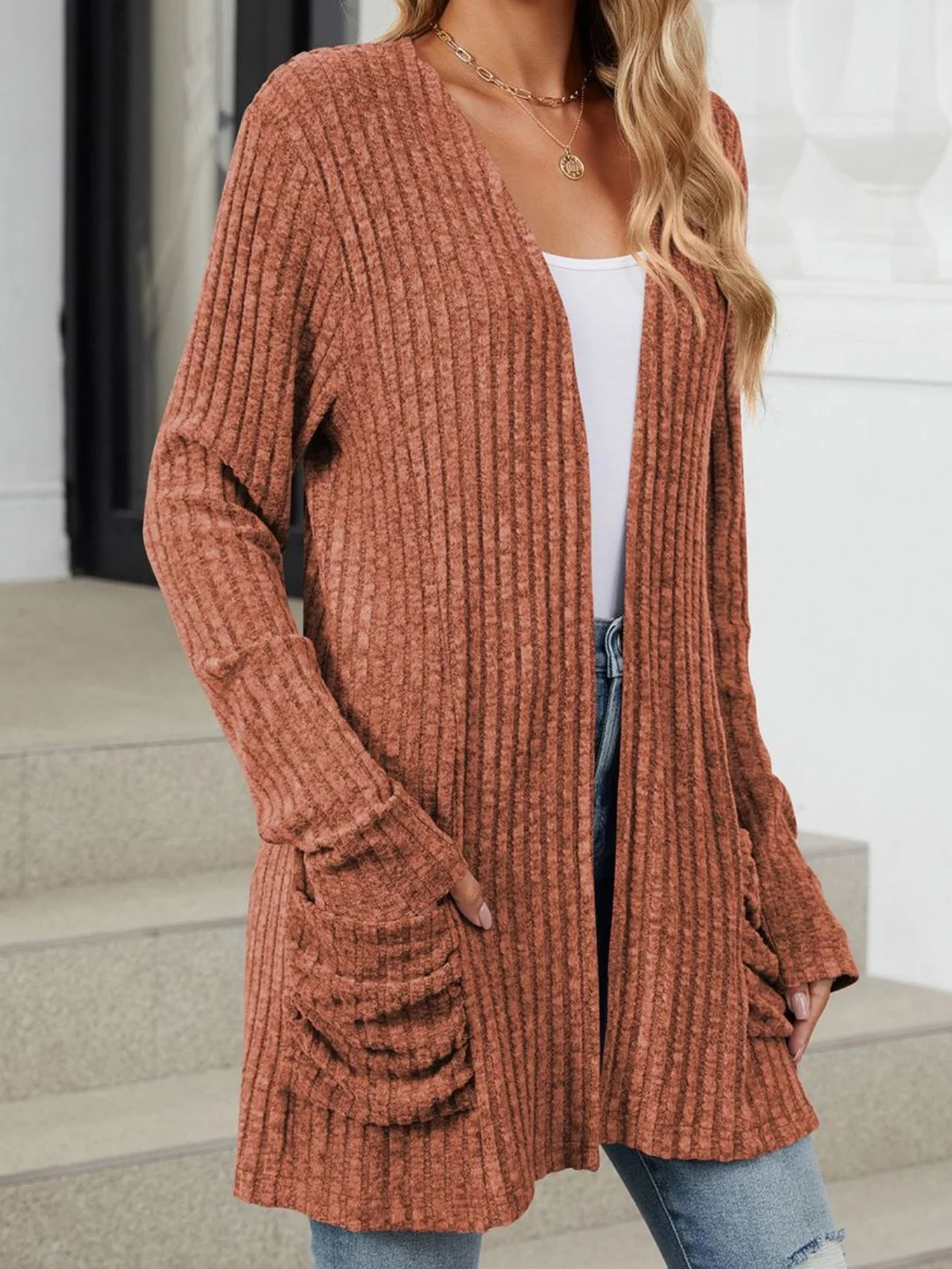 Women Plain Spring/Fall Cover-up Vintage Gathered Lightweight Cardigan