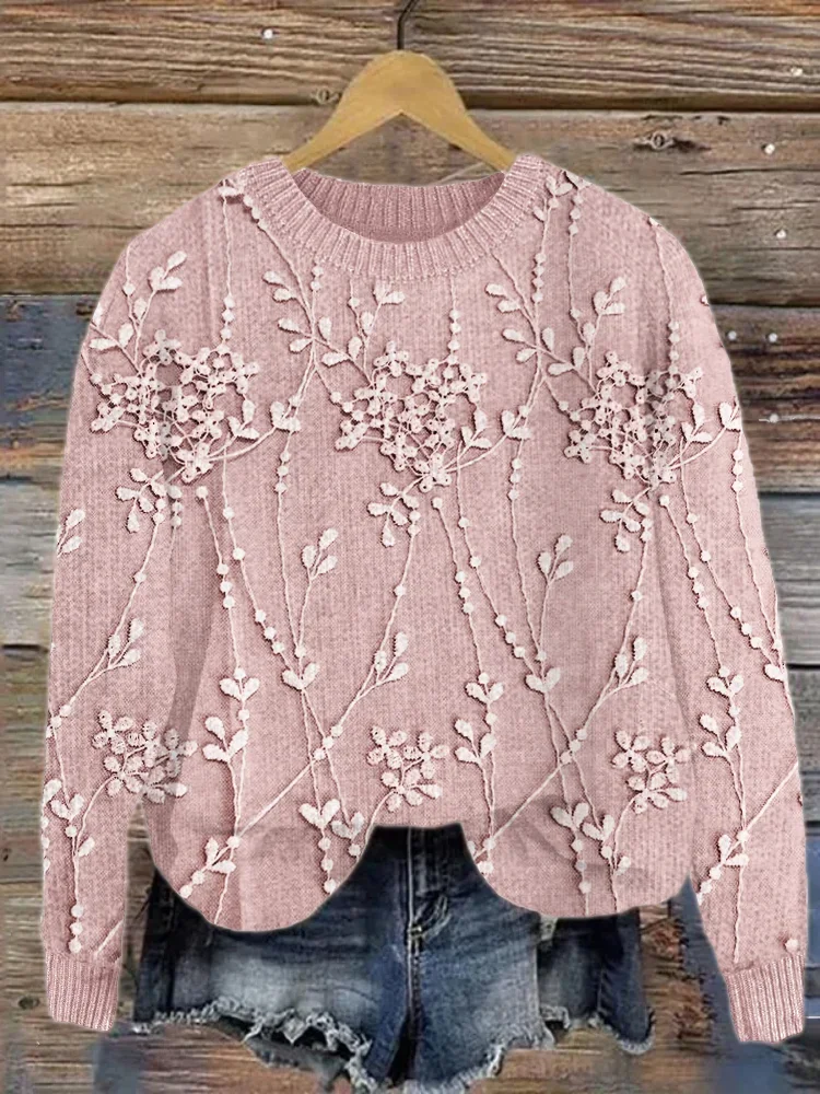 Women Floral Printing Spring/Fall Casual Long Sleeve Crew Neck Knitted Sweater