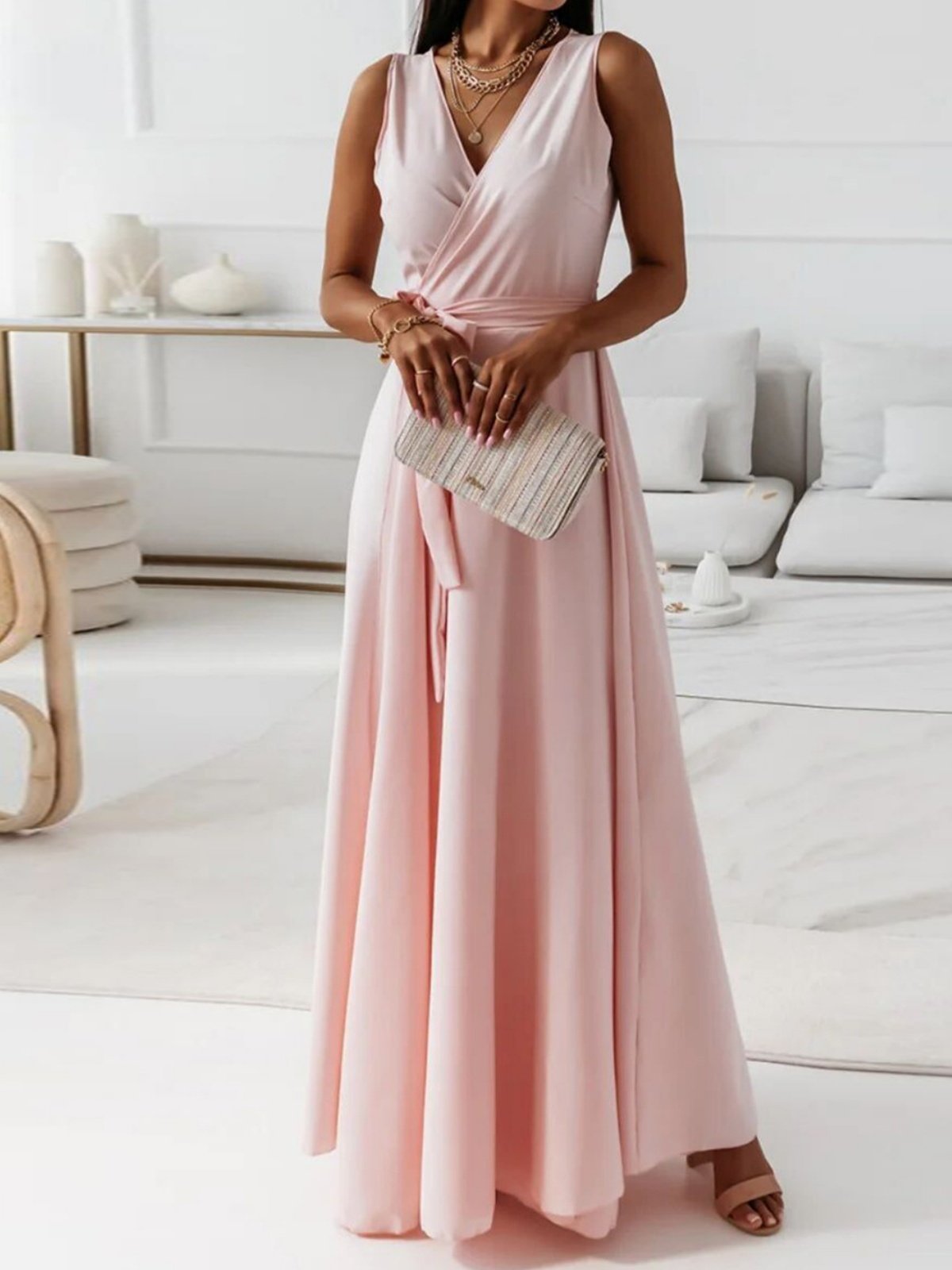 Women Plain Sleeveless Summer Split Joint Dress V Neck Daily Vintage Maxi Tank A-Line Dress
