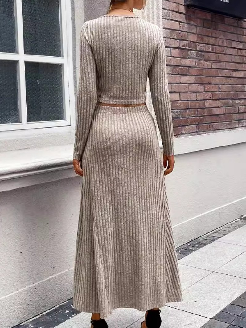 Women Plain Split Joint Two-Piece Set Daily Long Sleeve Casual Spring/Fall Top With Skirt Matching Set