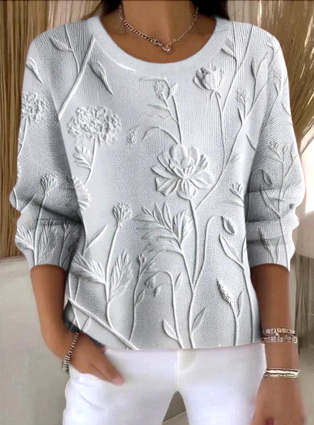 Women Floral Spring/Fall Vintage Long Sleeve Crew Neck Cotton Sweater