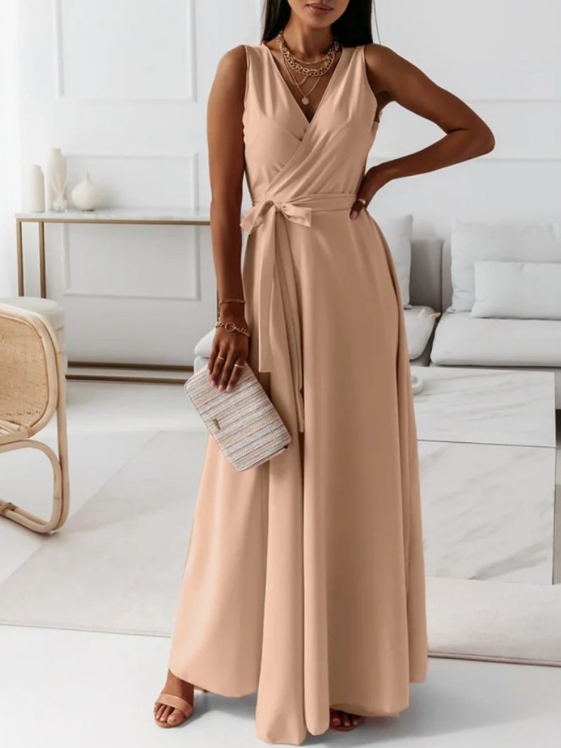 Women Plain Sleeveless Summer Split Joint Dress V Neck Daily Vintage Maxi Tank A-Line Dress