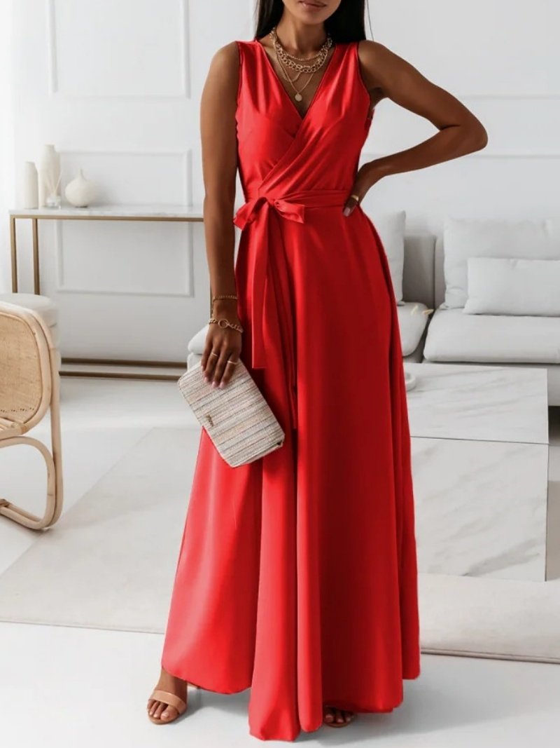 Women Plain Sleeveless Summer Split Joint Dress V Neck Daily Vintage Maxi Tank A-Line Dress