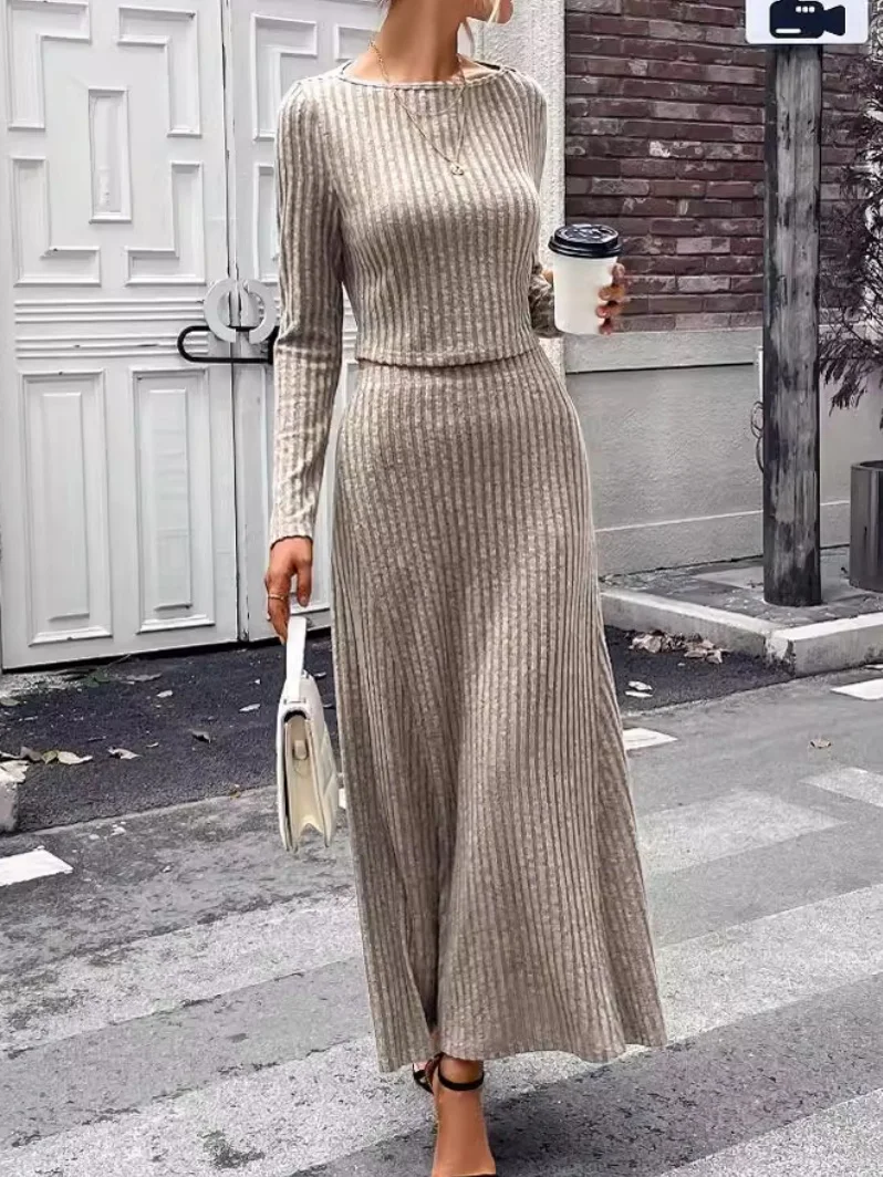 Women Plain Split Joint Two-Piece Set Daily Long Sleeve Casual Spring/Fall Top With Skirt Matching Set