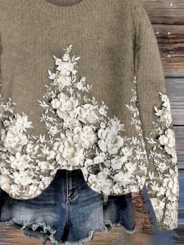Women Floral Printing Spring/Fall Casual Long Sleeve Crew Neck Knitted Sweater