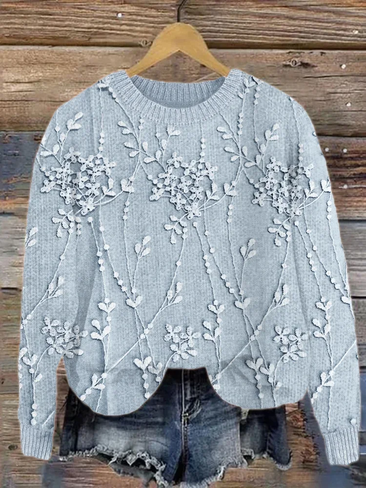 Women Floral Printing Spring/Fall Casual Long Sleeve Crew Neck Knitted Sweater