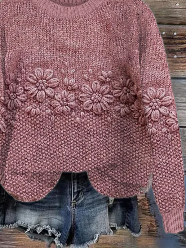 Women Floral Printing Spring/Fall Casual Long Sleeve Crew Neck Knitted Sweater