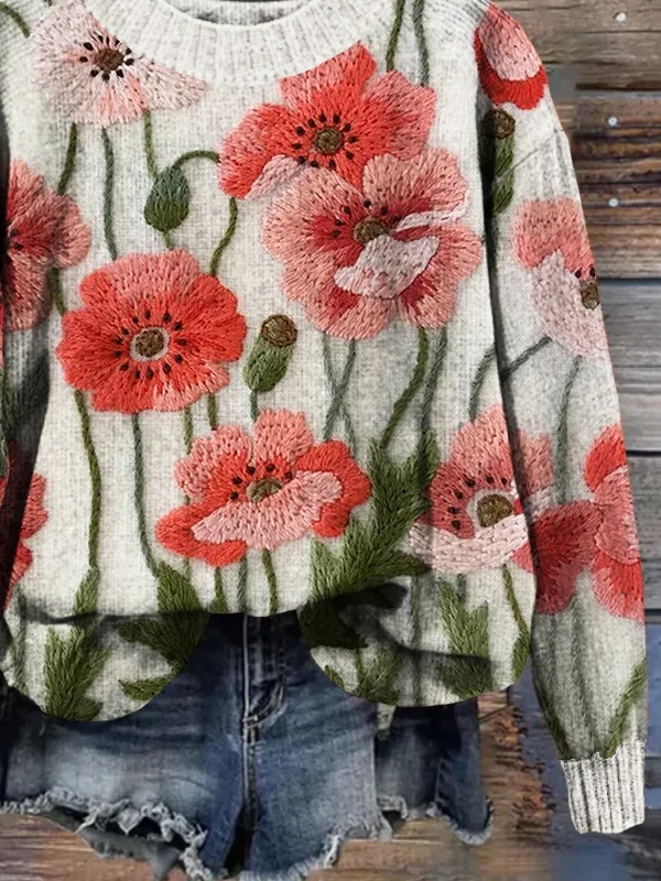 Women Floral Printing Spring/Fall Casual Long Sleeve Crew Neck Knitted Sweater