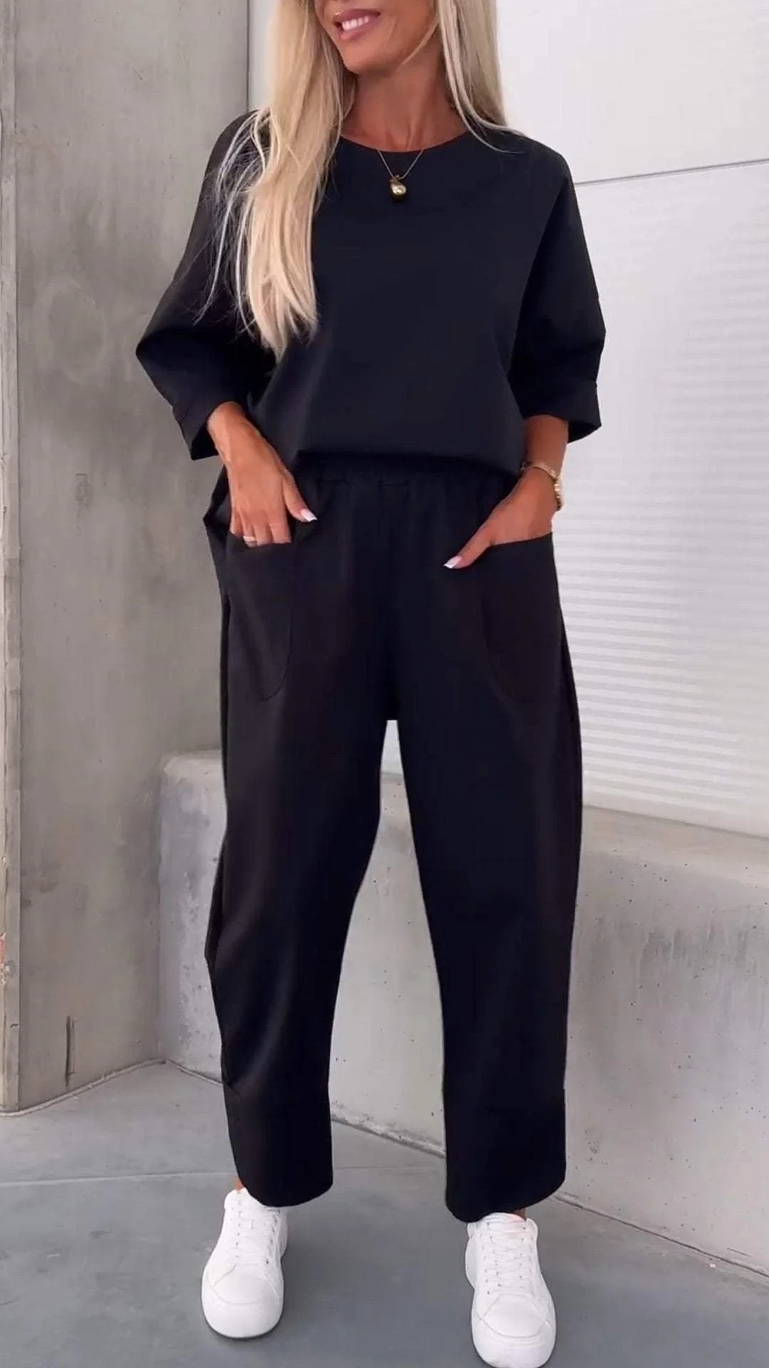 Women Plain Split Joint Two-Piece Set Daily Long Sleeve Casual Spring/Fall Top With Pants Matching Set