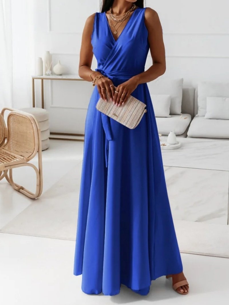 Women Plain Sleeveless Summer Split Joint Dress V Neck Daily Vintage Maxi Tank A-Line Dress