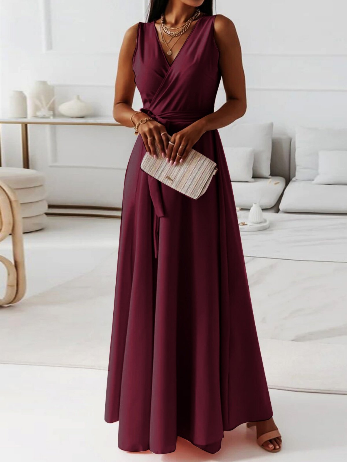 Women Plain Sleeveless Summer Split Joint Dress V Neck Daily Vintage Maxi Tank A-Line Dress