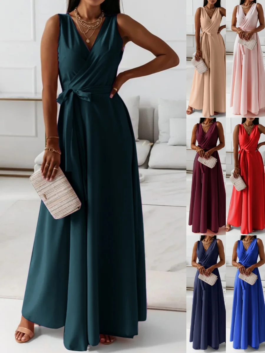 Women Plain Sleeveless Summer Split Joint Dress V Neck Daily Vintage Maxi Tank A-Line Dress
