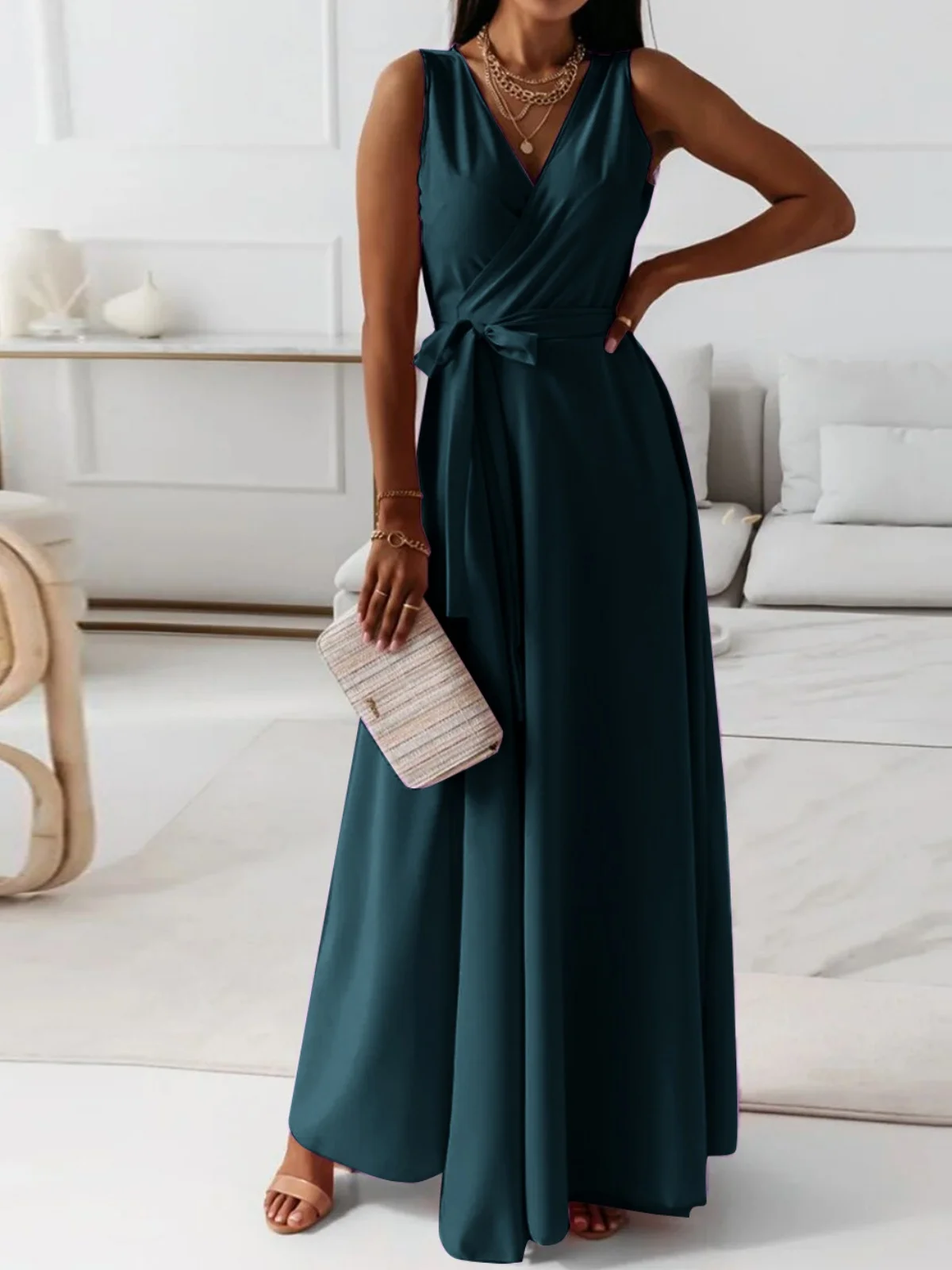 Women Plain Sleeveless Summer Split Joint Dress V Neck Daily Vintage Maxi Tank A-Line Dress
