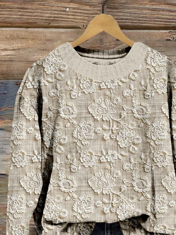 Women Floral Printing Spring/Fall Casual Long Sleeve Crew Neck Knitted Sweater