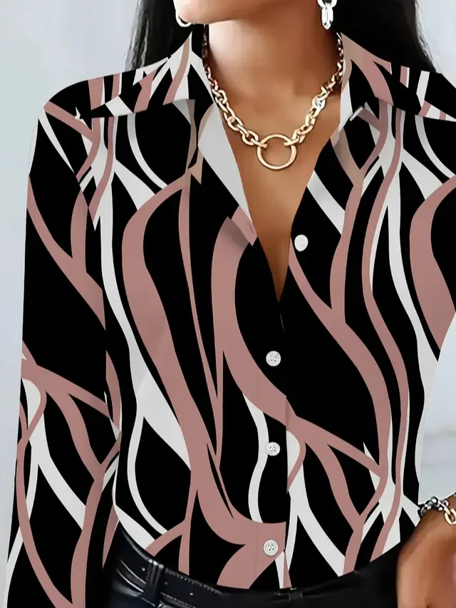 Women Abstract Long Sleeve Shirt Spring/Fall Buckle Shirt Collar Regular Sleeve Daily Casual Top