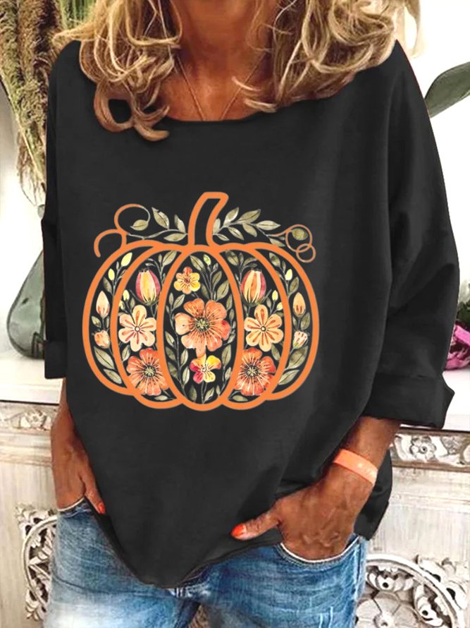 Women Halloween Pumpkin Floral Print Long Sleeve Tee T-shirt Crew Neck Festival Spring/Fall Graphic Tee Top