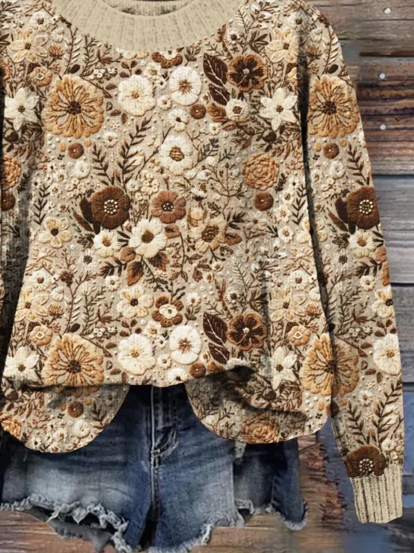 Women Floral Printing Spring/Fall Casual Long Sleeve Crew Neck Knitted Sweater