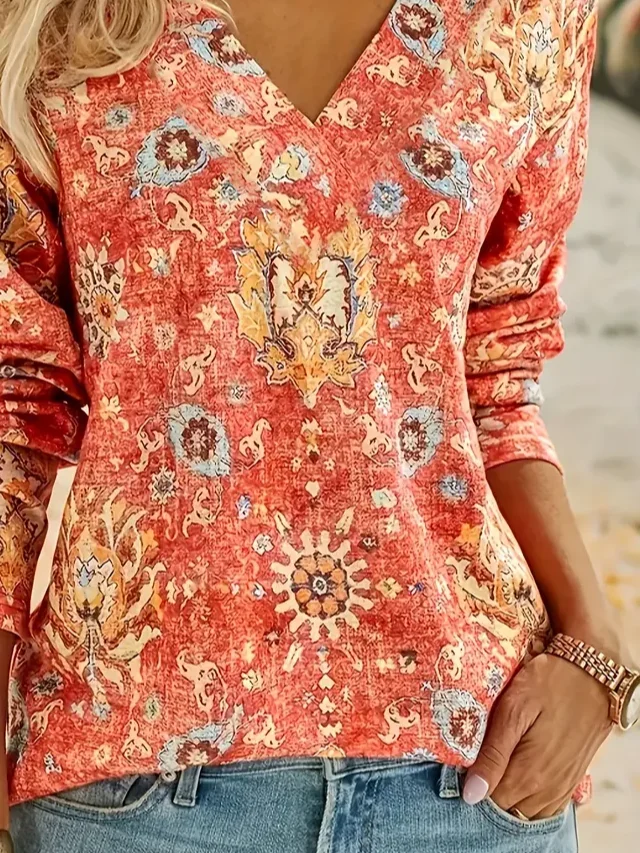 Women Ethnic Long Sleeve Tee T-shirt V Neck Printing Casual Spring/Fall Graphic Tee Top